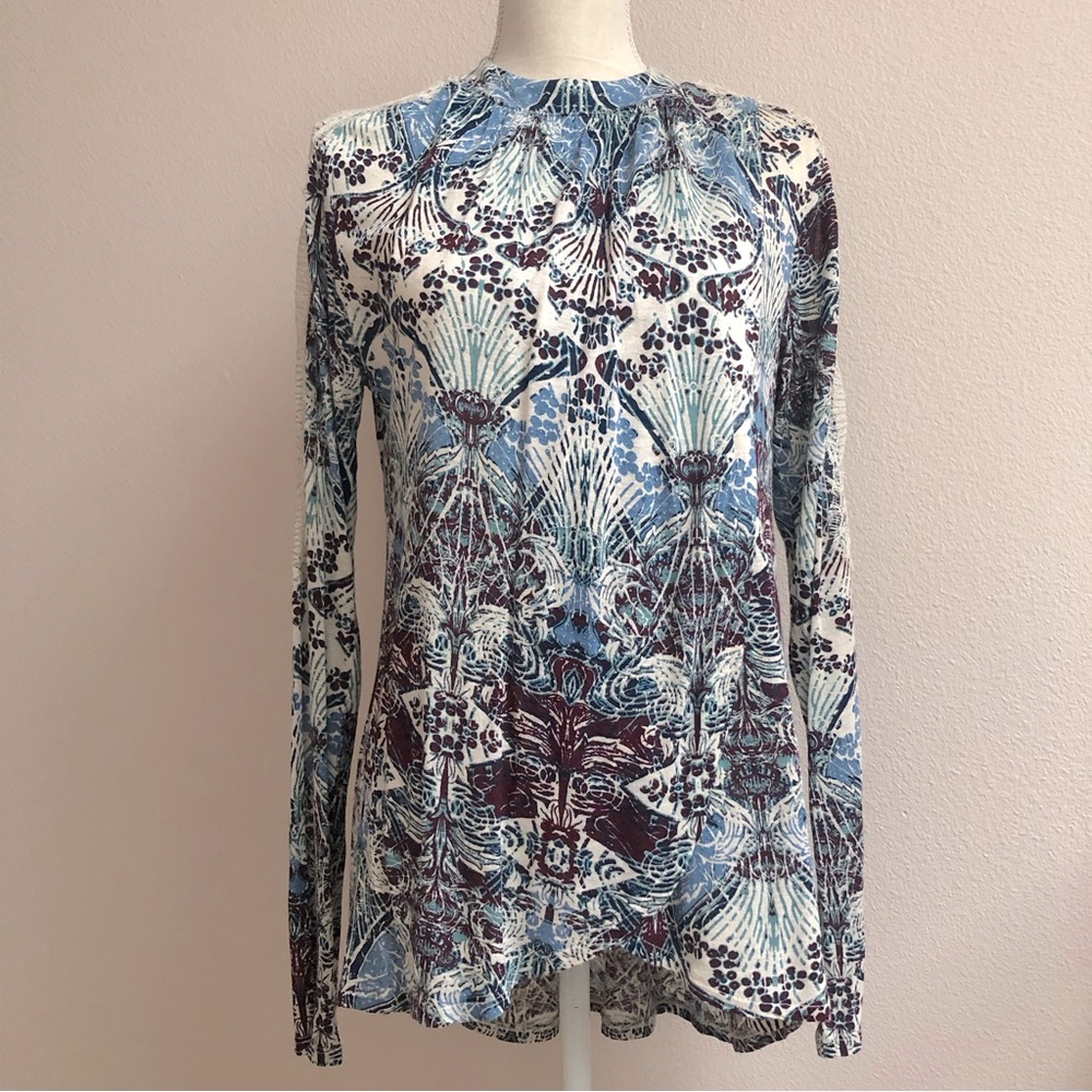 Free People Wrap Front Lace Sleeves Button Neck Exposed Back L/S Top